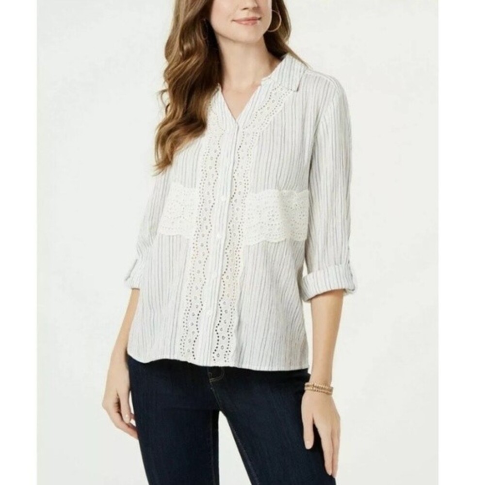 Style & Co Button Down Long Sleeve Crochet Shirt Petite S